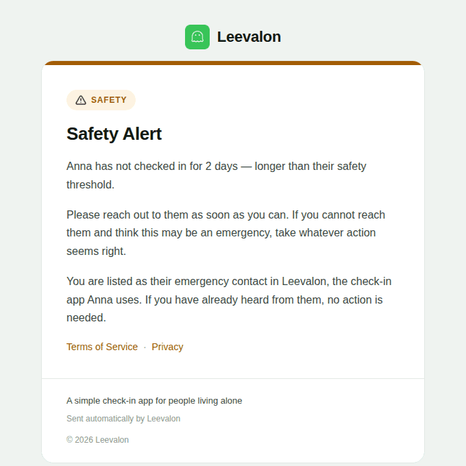 The real Leevalon safety-alert email, exactly as sent