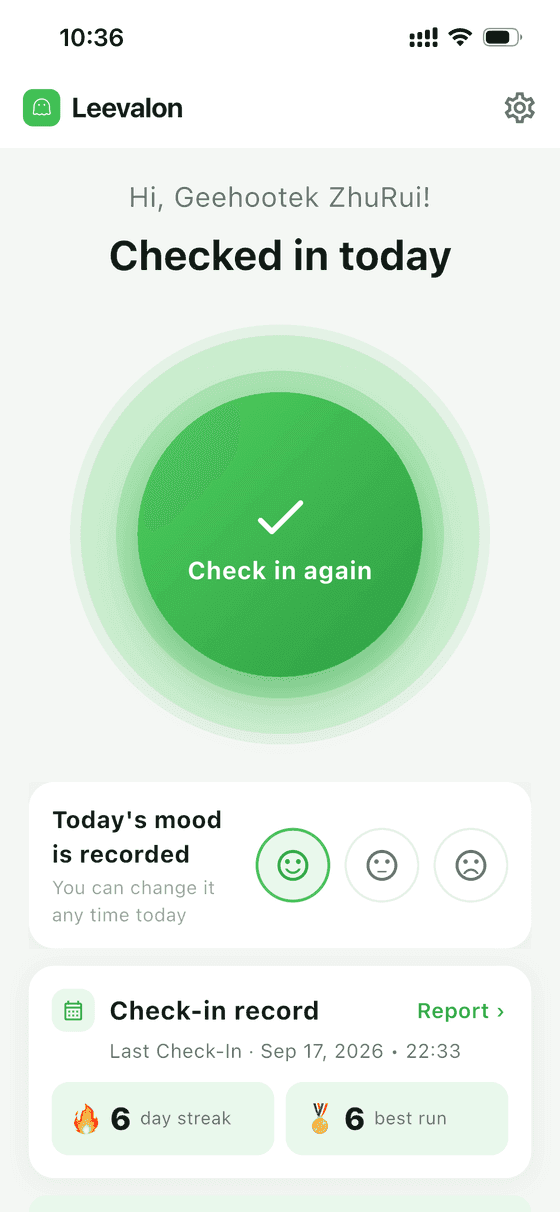 The real Leevalon home screen — checked in today, 6-day streak